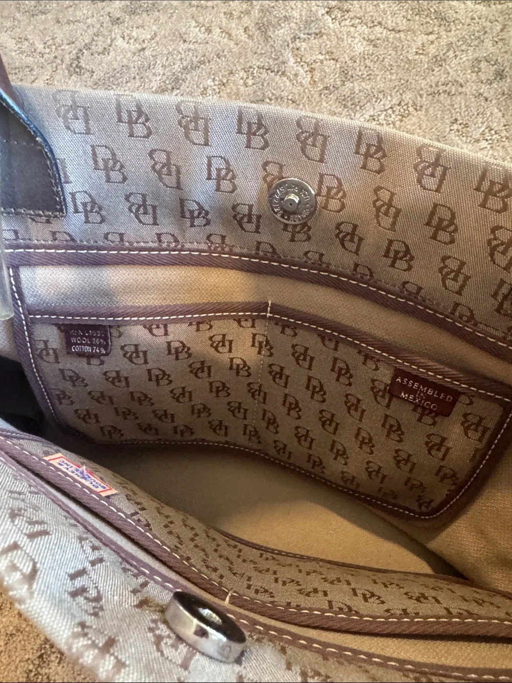 Dooney & Bourke Beige Monogram Tote with Brown Leather Trim